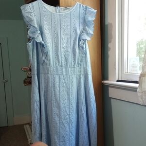 Blue Ruffled Tiered Midi Dress for Wedding Guest